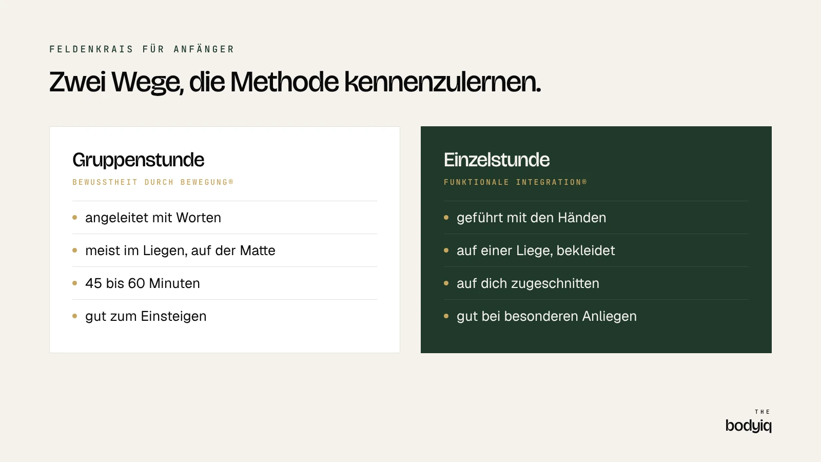 Vergleich: Feldenkrais-Gruppenstunde und Einzelstunde auf einen Blick